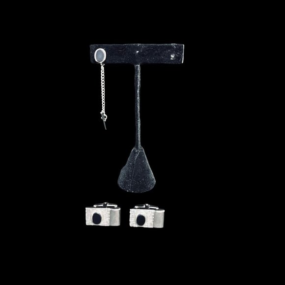 Vintage Sarah Coventry Silver Tone And Black Cufflinks & Tie Bar Set (4673) - Picture 1 of 7